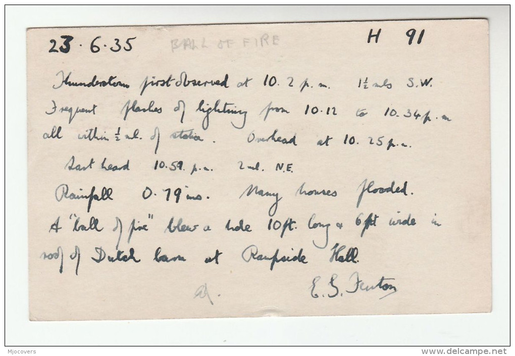 1935 BARROW Pmk COVER Card Re METEOROLOGY Report RAMPSIDE HALL THUNDERSTORM Gb Gv Stamps - Climate & Meteorology