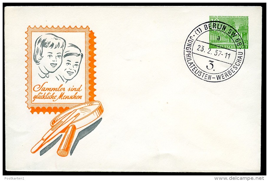 BERLIN PU4 B1/001a Privat-Umschlag SAMMLER GLÜCKLICHE MENSCHEN Sost. 1957  NGK 15,00 € - Privé Briefomslagen - Gebruikt