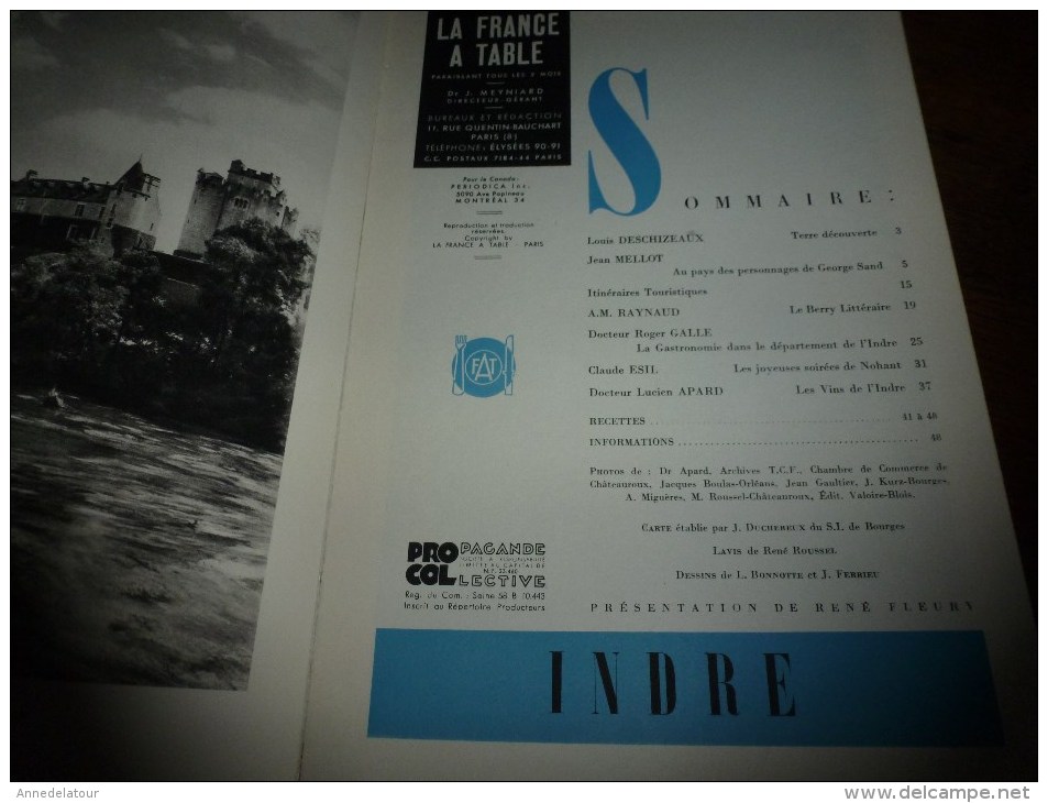 1962 LA FRANCE A TABLE :   L' INDRE  (Châteauroux , Nohant , St-Benoit-du-Sault, Fongombault, Châtre ,Issoudun...etc - Autres & Non Classés