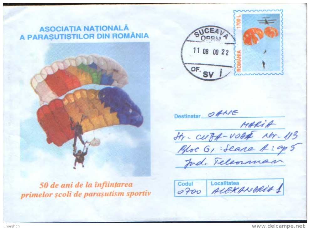 Romania- Stationery Cover 2000 Used - 50 Years Since The Establishment Of The First Schools, Parachuting Sports - Parachutisme