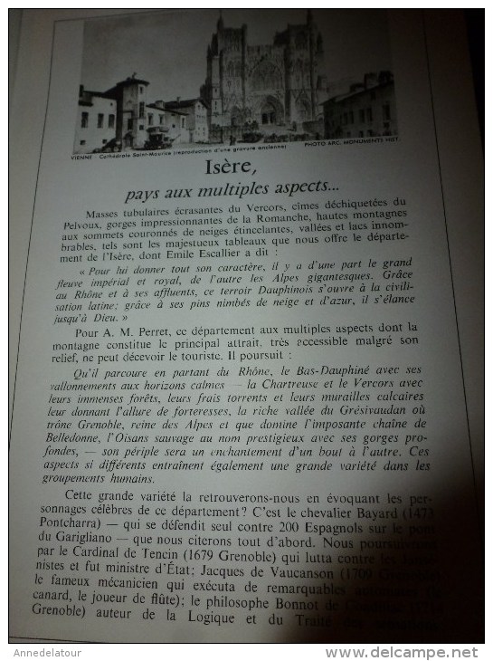 1968  LA FRANCE A TABLE :  L' ISERE (Vienne, Grenoble, Grande Chartreuse, Les 3 Pucelles , Glacier Du Chardon...etc - Tourisme & Régions