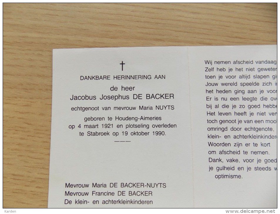 Doodsprentje Jacobus Josephus De Backer Houdeng Aimeries 4/3/1921 Stabroek 19/10/1990 ( Maria Nuyts ) - Religione & Esoterismo