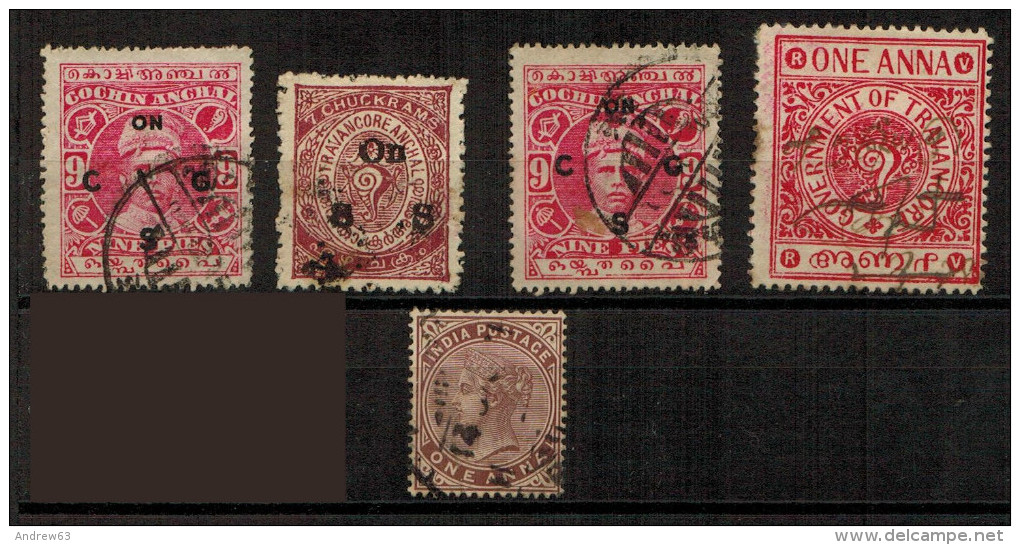 INDIA - TRAVANCORE - COCHIN - ANCHAL - Lot Of 5 Stamps Used - Travancore