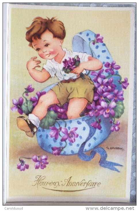 CP Litho Illustrateur GOUGEON Gold GOLO Garcon Sortant De Boite A Chapeau Fleurs Violette Ruban - Gougeon