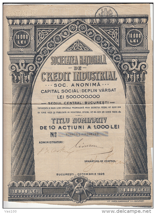 SHAREHOLDING CERTIFICATE,  CREDIT COMPANY, 1926, ROMANIA - Banque & Assurance