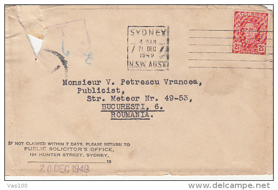 KING GEORGE VI, PERFORATED STAMP ON COVER, PERFINS, 1949, AUSTRALIA - Perforiert/Gezähnt