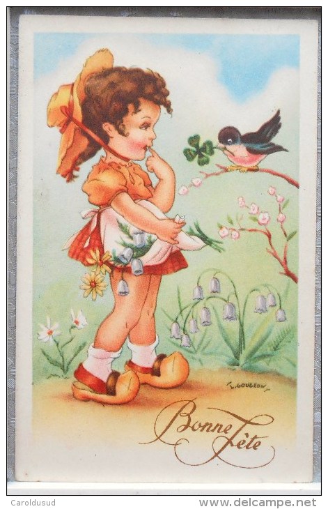 CP Litho Illustrateur GOUGEON GOLO Gold ENFANT Fille Sabots Campanule Clochette Oiseau Sur Branche Trefle Dans Bec - Gougeon