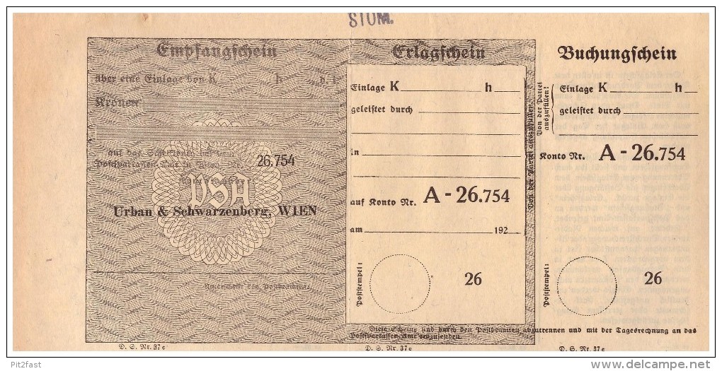 Original Empfangsschein / Erlagschein 1924  - Urban & Schwarzenberg In Wien , Post , Sparkasse !!! - Wechsel