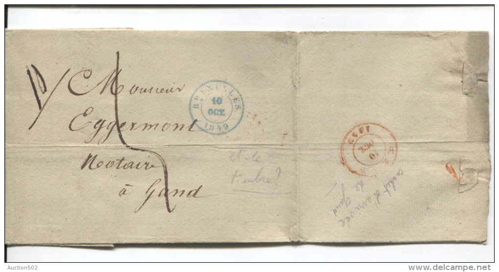 LSC C.Bruxelles En Bleu 10/10/1849 Taxée 5 V.Gand C.d'arrivée PR1836 - 1830-1849 (Belgique Indépendante)