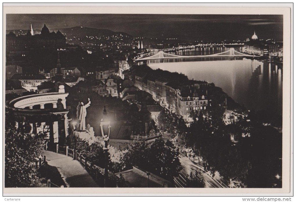 HONGRIE,BUDAPEST La Nuit En 1938,by Night,éjjel,pont éclairé,photo De Nuit,carte Postale,vue Danube,monument St Gellért - Hongrie