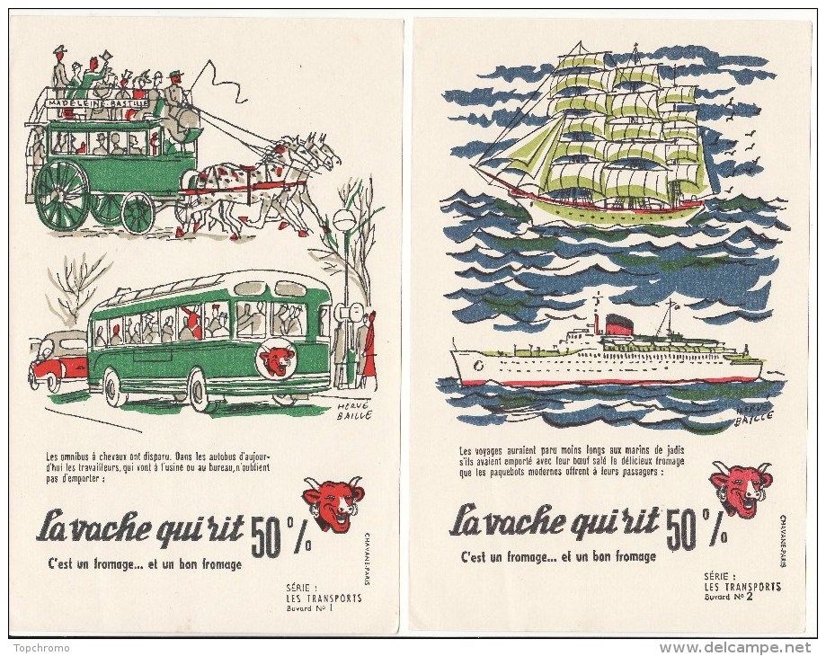 Buvard La Vache Qui Rit Série De 10 Buvards Les Moyens De Transport Bateau Train Omnibus Vélo Illustrateur Hervé Baille - Biscottes