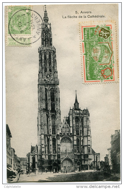 BELGIQUE THEME ESPERANTO CARTE POSTALE AVEC VIGNETTE 7e CONGRES INTERNATIONAL D'ESPERANTO A ANVERS...................... - Esperanto