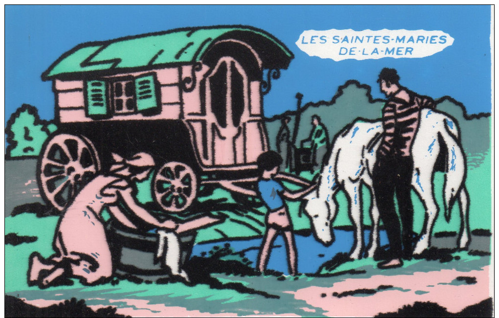 Jolie Carte En Tissus Relief , Les Gitans , Bohemiens , Animations Avec Roulotte - Europa