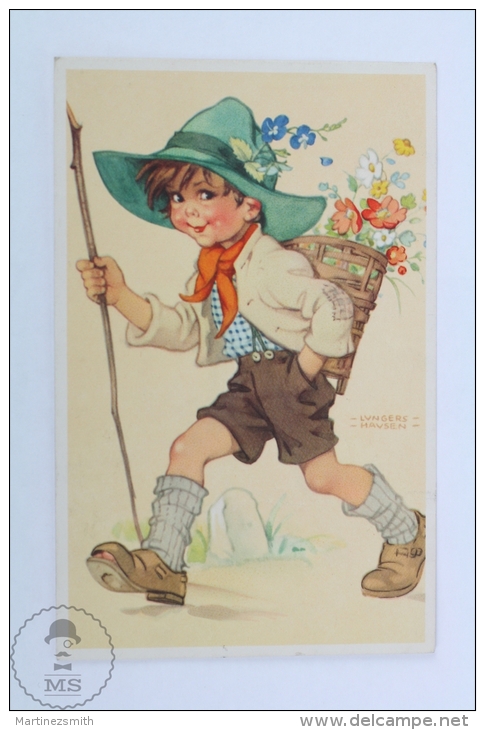Old Illustrated Postcard - Kid With Flowers On Back, Signed Hausen Lungers - Hausen, Lungers