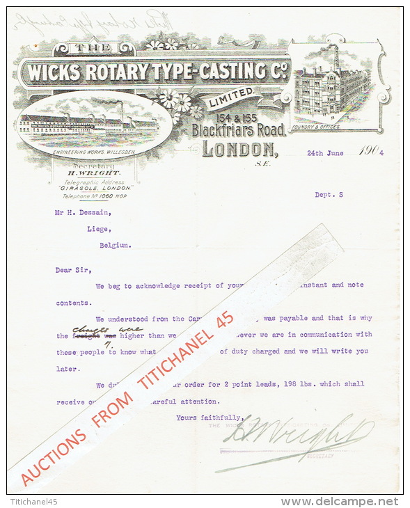 Lettre 1904 LONDON - WILLESDEN - The WICKS ROTARY TYPE-CASTING C° - Manufacture Machine For Compositing Typographie - Royaume-Uni