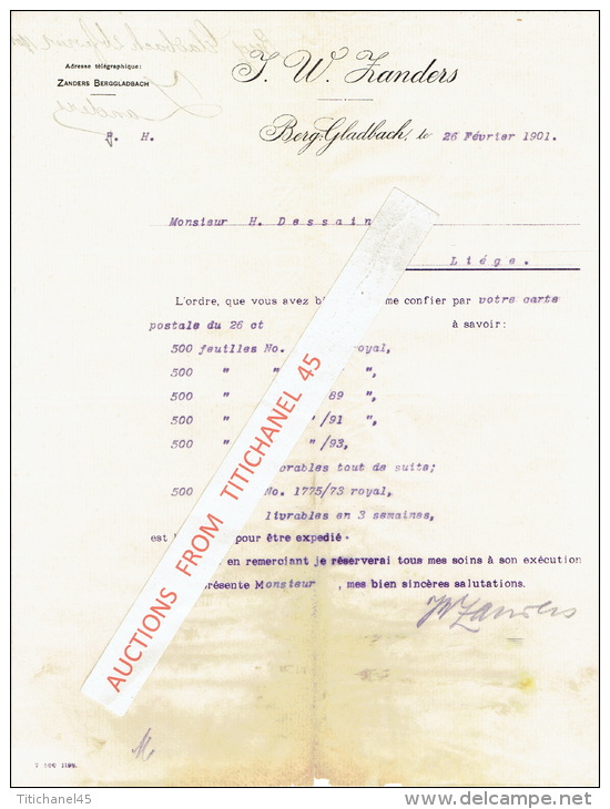 Brief 1901 - BERG-GLADBACH - J. W. ZANDERS - Papierfabrik - Altri & Non Classificati