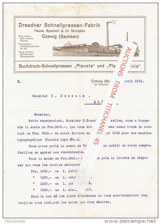 Brief 1910 - COSWIG (Sachsen) Bei DRESDEN - Hauss, Sparbert & Dr Michaëlis - Dresdner Schnellpressen Fabrik - Autres & Non Classés