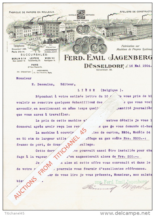 Brief 1904 - DÜSSELDORF-LEIPZIG-BERLIN -STUTTGART - FERD. EMIL JAGENBERG - Fabricant & Constructeur Machines De Papi - Autres & Non Classés