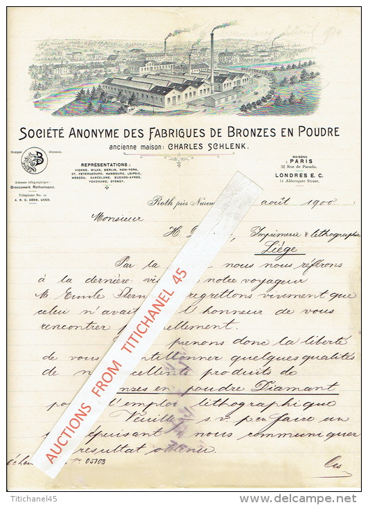 Brief 1900 - ROTH Près NUREMBERG - SOCIETE ANONYME DES FABRIQUES DE BRONZES EN POUDRE Ancienne Maison Charles SCHLENK - Autres & Non Classés