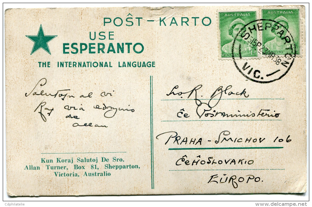 AUSTRALIE THEME ESPERANTO CARTE POSTALE ECRITE EN ESPERANTO DEPART SHEPPARTON 23 MR 38 POUR LA TCHECOSLOVAQUIE - Esperanto