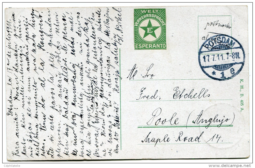 ALLEMAGNE THEME ESPERANTO CARTE POSTALE ECRITE EN ESPERANTO DEPART POTSDAM 17.7.11 POUR L'ANGLETERRE - Esperanto