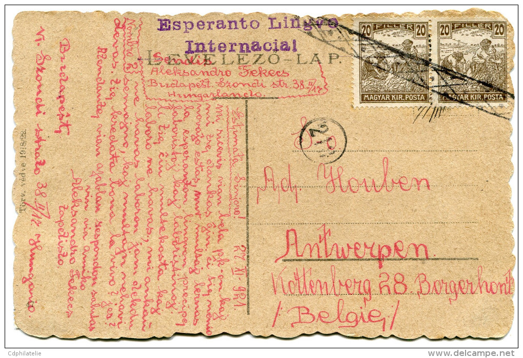 HONGRIE THEME ESPERNTO CARTE POSTALE ECRITE EN ESPERANTO DEPART BUDAPEST 27 XI 1921 POUR LA BELGIQUE - Esperanto