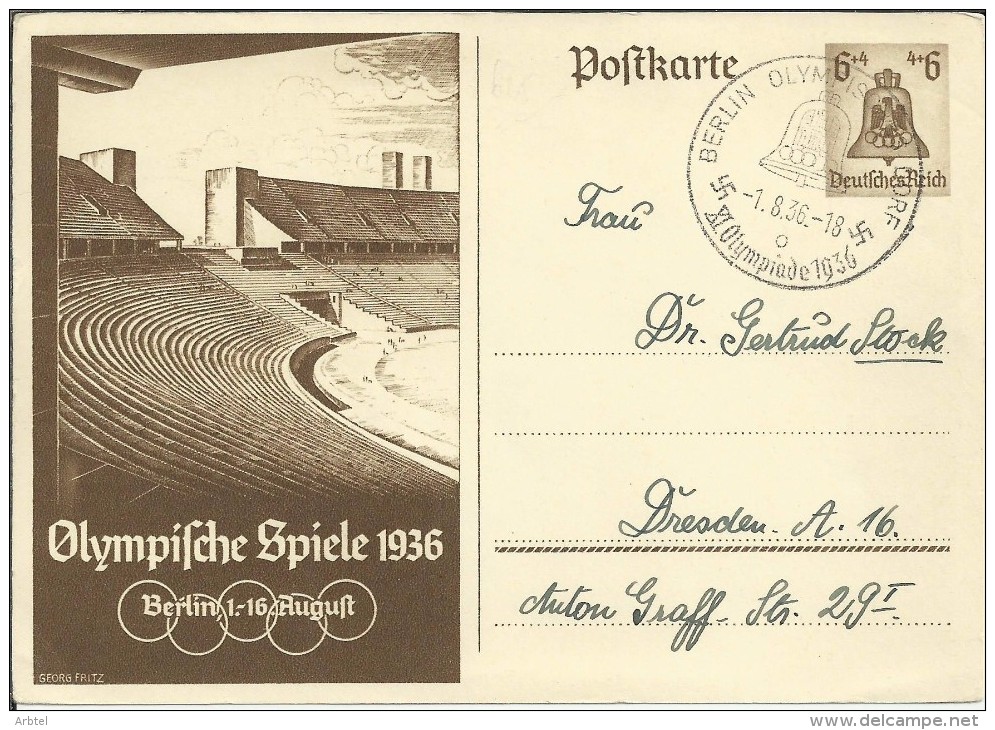 ALEMANIA ENTERO POSTAL JUEGOS OLIMPICOS BERLIN 1936 MAT OLYMPISCHE DORF - Ete 1936: Berlin