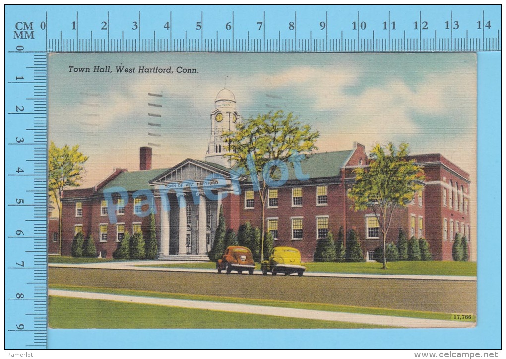 CPSM, Connecticut  (Town Hall West Hartford, Old Car, Cover Hartford 1950 ) Linen Postcard Recto/Verso - Hartford