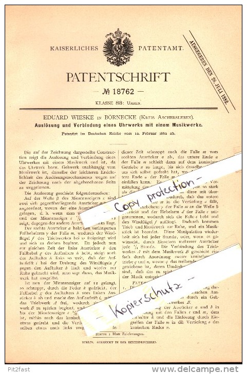 Original Patent - Eduard Wieske In Börnecke B. Blankenburg A. Harz , 1882 ,  Uhrwerk Mit Musikwerk , Aschersleben !! - Blankenburg