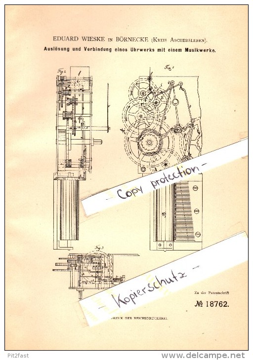 Original Patent - Eduard Wieske In Börnecke B. Blankenburg A. Harz , 1882 ,  Uhrwerk Mit Musikwerk , Aschersleben !! - Blankenburg