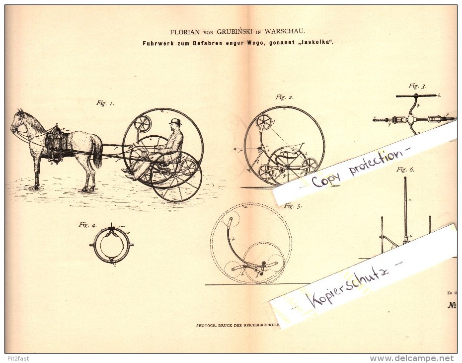 Original Patentschrift - Florian Von Grubinski In Warschau , 1881 , Fuhrwerk Für Enge Wege , Kutsche , Jaskolka !!! - Sonstige & Ohne Zuordnung