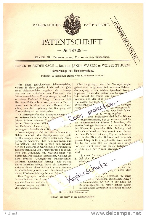 Original Patent - Fonck In Andernach Und Jakob Wasem In Weißenthurm , 1881 , Förderanlage Mit Fangvorrichtung !!! - Andernach