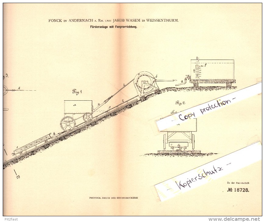 Original Patent - Fonck In Andernach Und Jakob Wasem In Weißenthurm , 1881 , Förderanlage Mit Fangvorrichtung !!! - Andernach