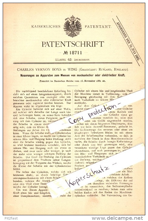 Original Patent - Ch.V. Boys In Wing , Rutland , 1881 , Apparatus For Measuring Mechanical And Electrical Power !!! - Rutland