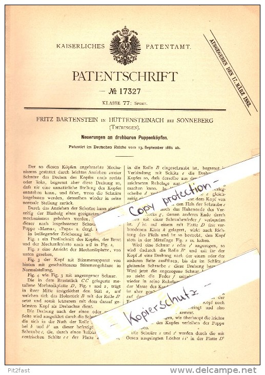Original Patent - Fritz Bartenstein In Hüttensteinach B. Sonneberg , 1881 , Drehbare Köpfe Für Puppen !!! - Puppen