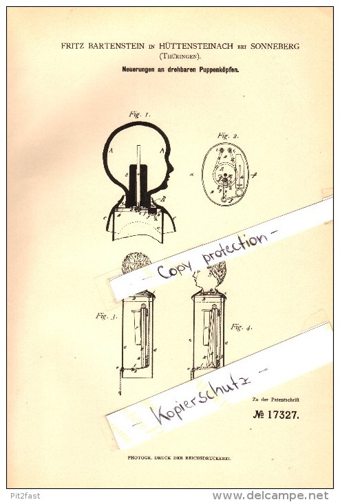 Original Patent - Fritz Bartenstein In Hüttensteinach B. Sonneberg , 1881 , Drehbare Köpfe Für Puppen !!! - Puppen