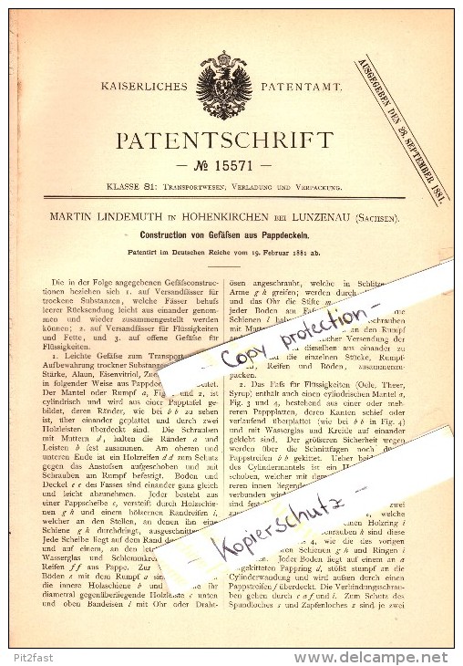 Original Patent - Martin Lindemuth In Hohenkirchen B. Lunzenau , 1881 , Gefäße Aus Pappe !!! - Lunzenau