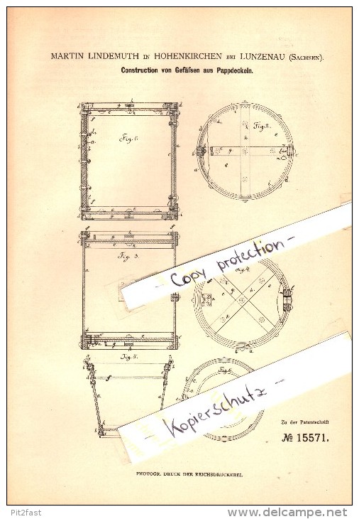 Original Patent - Martin Lindemuth In Hohenkirchen B. Lunzenau , 1881 , Gefäße Aus Pappe !!! - Lunzenau