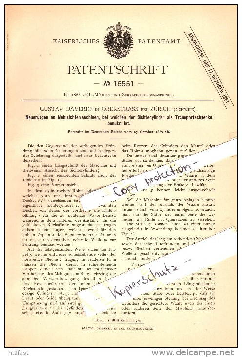 Original Patent - Gustav Daverio In Oberstrass B. Zürich , 1880 , Mehlsichtemaschinen , Mühle !!! - Zürich