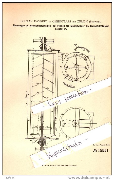 Original Patent - Gustav Daverio In Oberstrass B. Zürich , 1880 , Mehlsichtemaschinen , Mühle !!! - Zürich