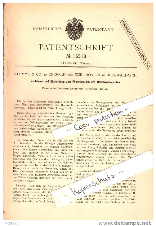 Original Patent - Emil Hoster In Burgwaldniel B. Schwalmtal , 1881 , Schneiden Von Baumwollsamt , Klemme & Co In Krefeld - Schwalmtal