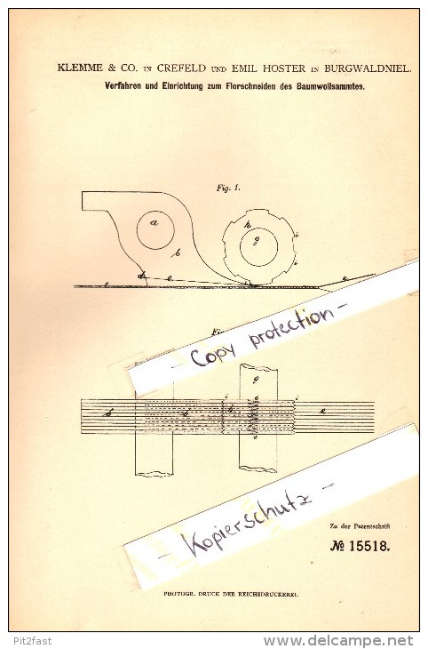 Original Patent - Emil Hoster In Burgwaldniel B. Schwalmtal , 1881 , Schneiden Von Baumwollsamt , Klemme & Co In Krefeld - Schwalmtal