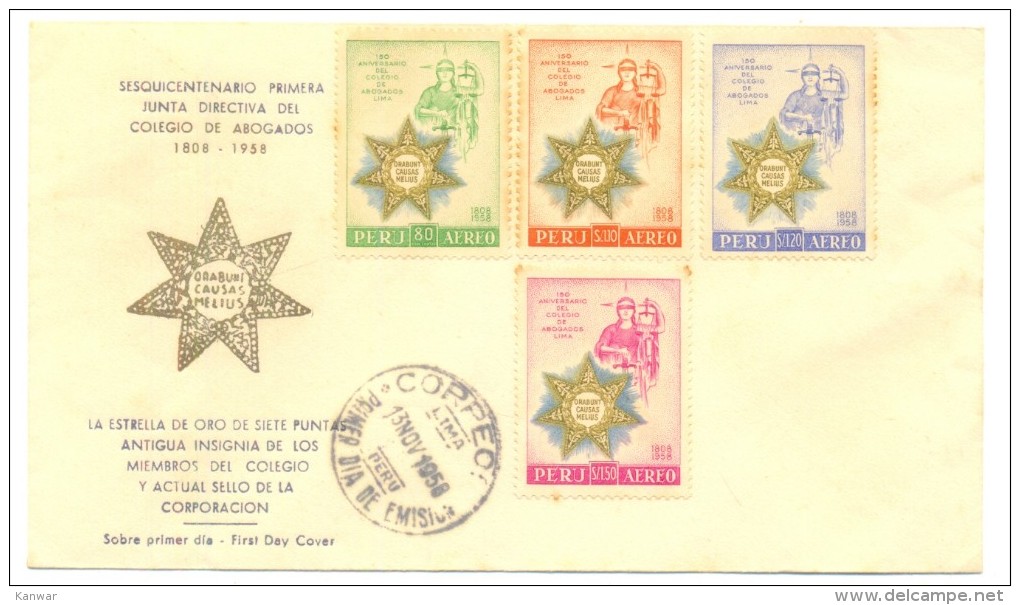 PERU 80c, 1.10S, 1.20s, And 1.50S Lima Bar Association Anniversary 1958 FDC. - Pérou