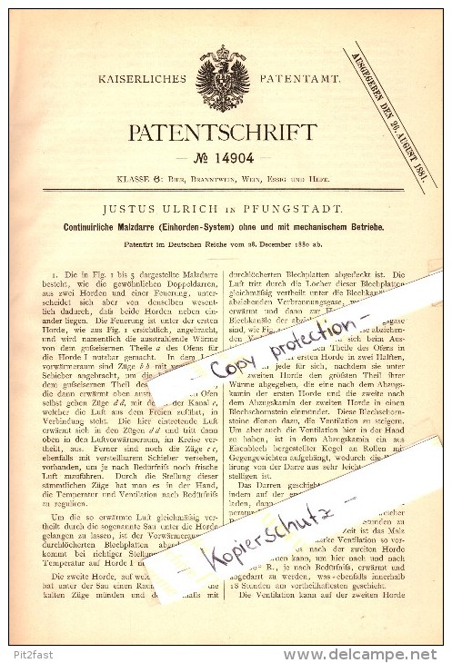 Original Patent - Justus Ulrich In Pfungstadt , 1880 , Malzdarre Für Brauerei , Alkohol , Bier !!! - Pfungstadt