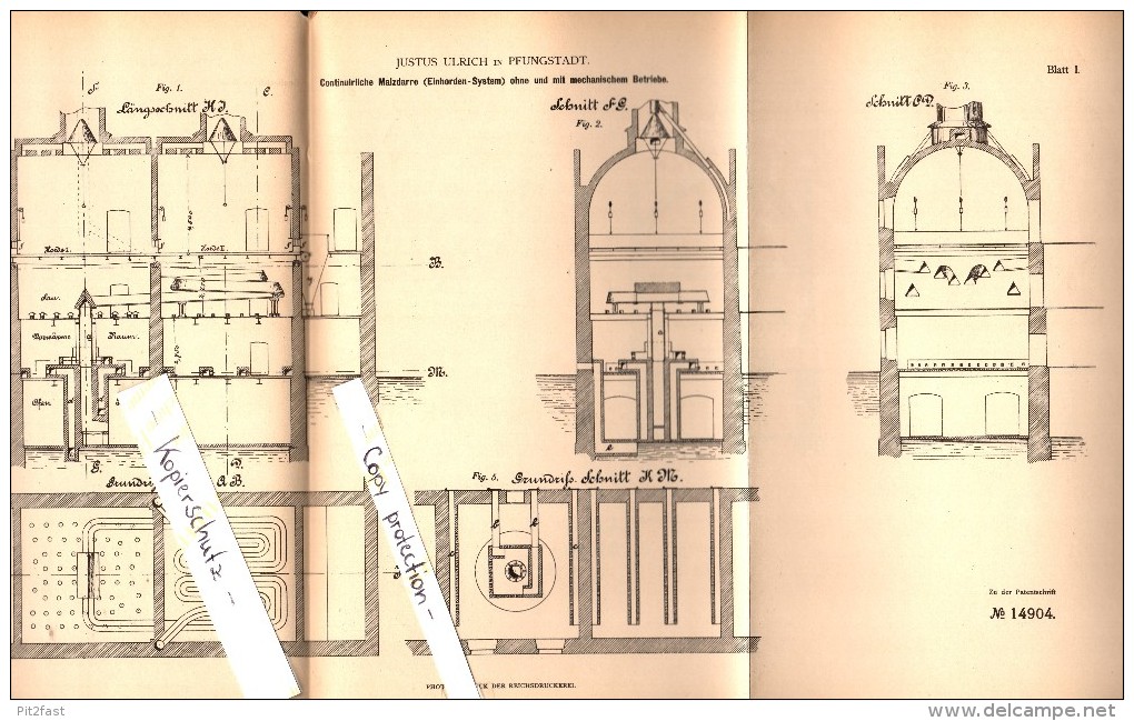 Original Patent - Justus Ulrich In Pfungstadt , 1880 , Malzdarre Für Brauerei , Alkohol , Bier !!! - Pfungstadt