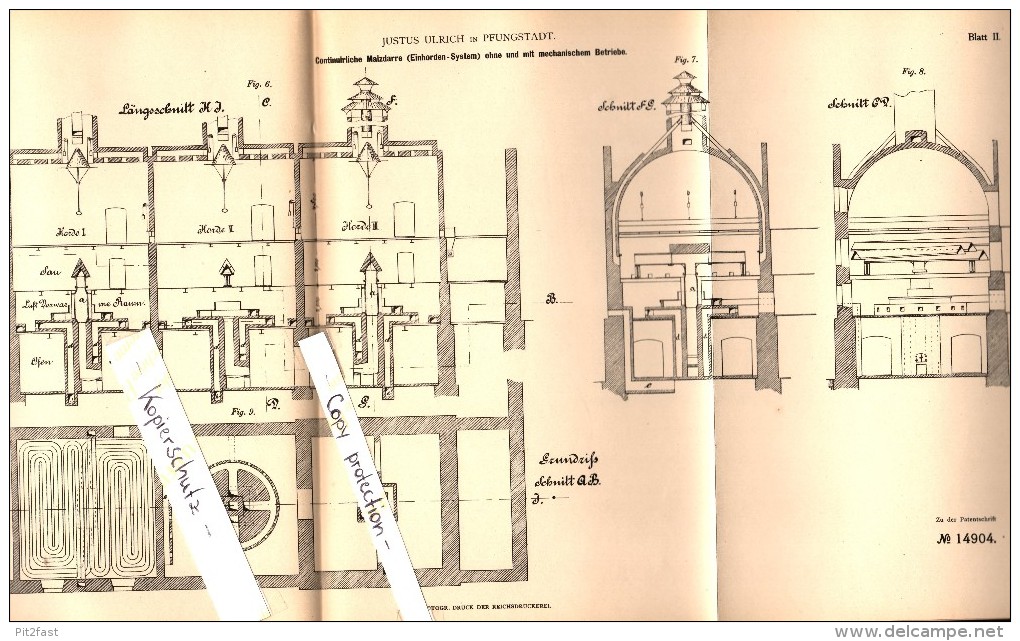 Original Patent - Justus Ulrich In Pfungstadt , 1880 , Malzdarre Für Brauerei , Alkohol , Bier !!! - Pfungstadt