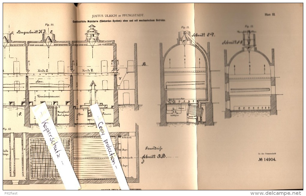 Original Patent - Justus Ulrich In Pfungstadt , 1880 , Malzdarre Für Brauerei , Alkohol , Bier !!! - Pfungstadt