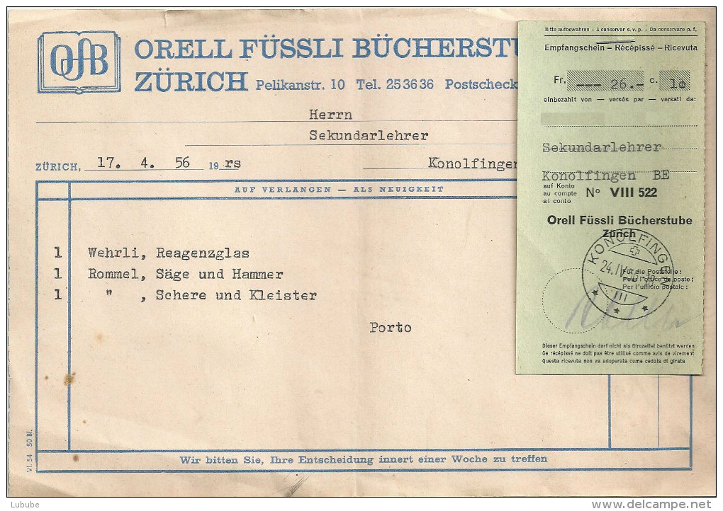 Rechnung  "Orell Füssli, Bücherstube, Zürich"         1956 - Switzerland