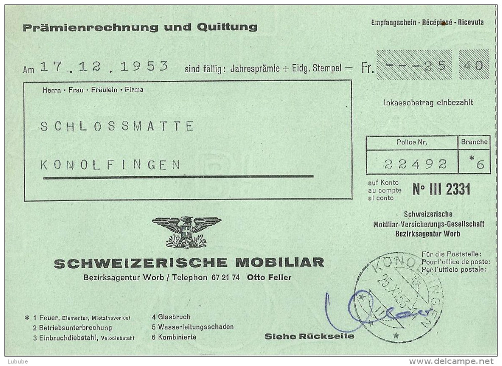 Prämienrechnung Und Quittung  "Schweizerische Mobiliar"        1953 - Suisse