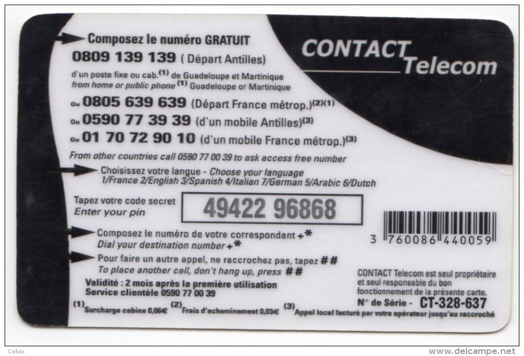 GUADELOUPE CONTACT TELECOM Ref MV CARD ANTF CT3 15€ - Antilles (French)